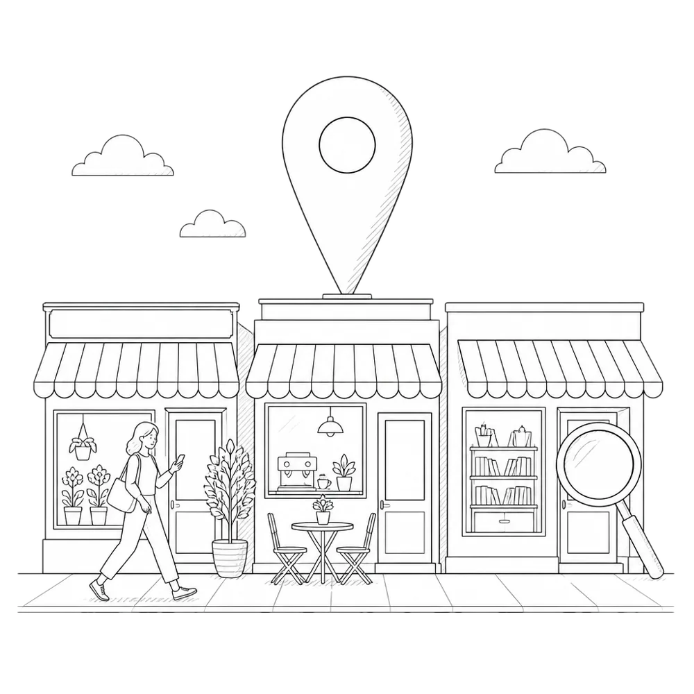 Line illustration of a local main street with a big map pin above the shops