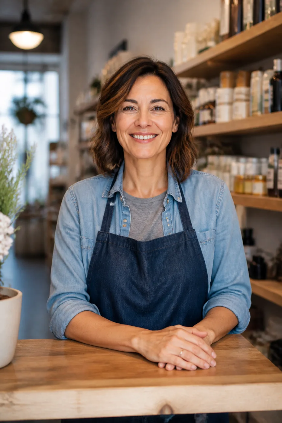 Smiling shop owner at the counter